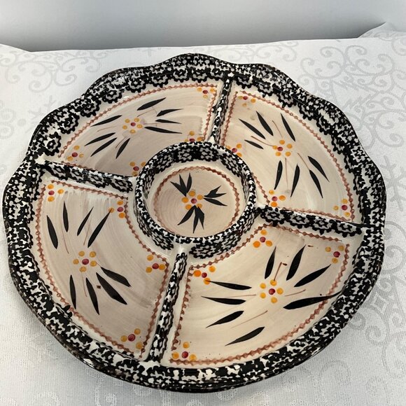 Temptations Divided Serving Dish Black White Floral Design Appetizer Platter - Picture 1 of 5